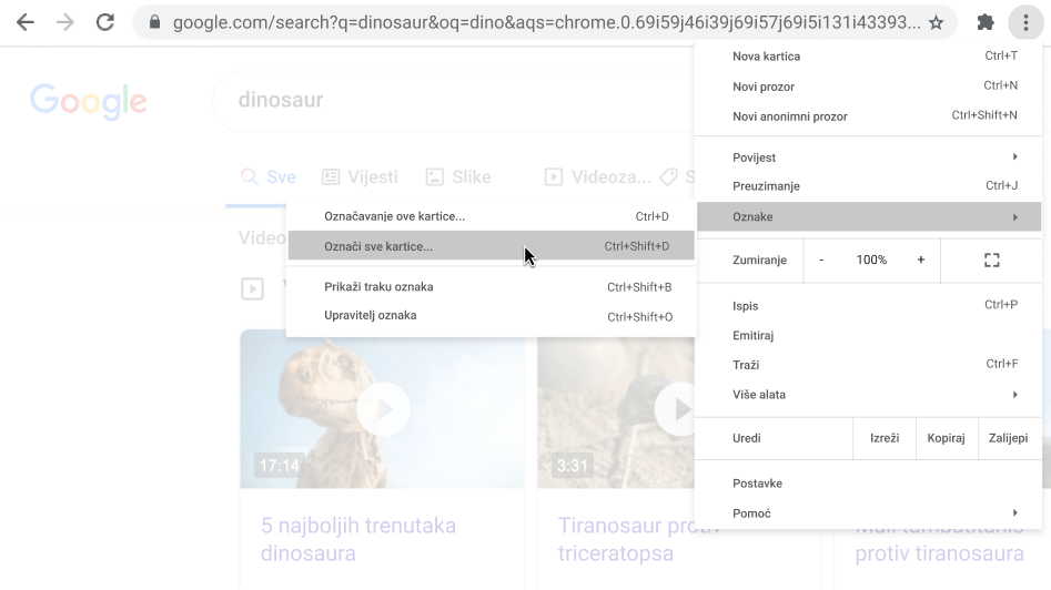 Prozor preglednika Chrome s dijaloškim okvirom koji prikazuje opciju 